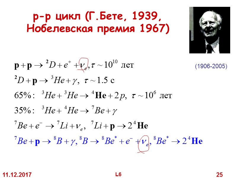 11.12.2017 L6 25 p-p цикл (Г.Бете, 1939, Нобелевская премия 1967) (1906-2005) 11.12.2017 L6 25 p-p цикл (Г.Бете, 1939, Нобелевская премия 1967) (1906-2005)